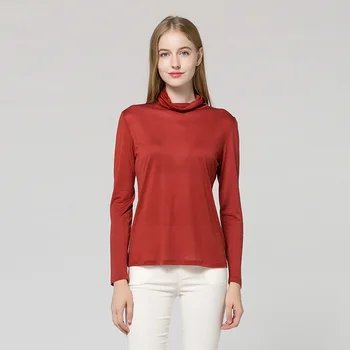 

Ladies new high-neck solid color long-sleeved thin chiffon bottoming T-shirt