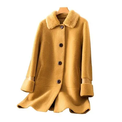 Yellow Зимнее женское меховое пальто Новое свободное утепленное пальто из искусственного меха ягнёнка высокого качества из шерсти ягнёнка, кашемир длинное пальто с мехом ZZZ007 - Цвет: Yellow