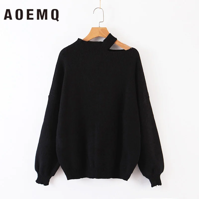 AOEMQ, модные однотонные свитера, без бретелек, на плече, сексуальная Офисная Женская одежда, зимние свитера с рукавом-фонариком, осенние свитера, одежда