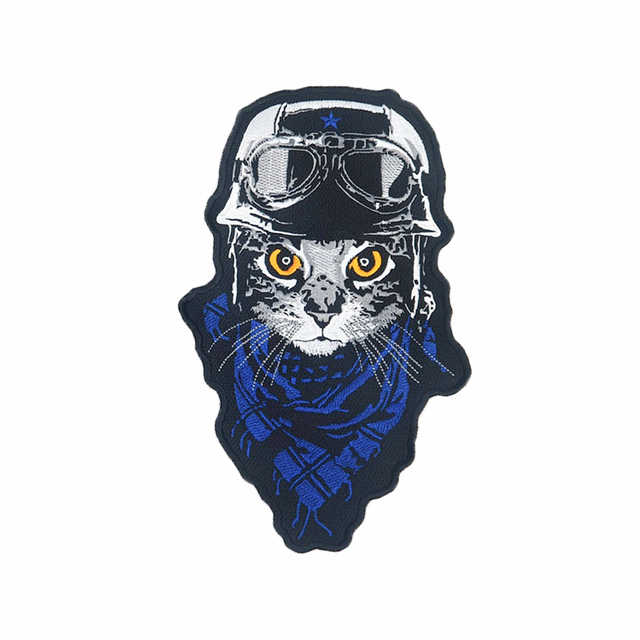 Blue Large Biker Kitty Embroidery Patches Pilot Cat Back Applique Iron on Motorcycle Jacket Vest DIY for Clothing Accessory