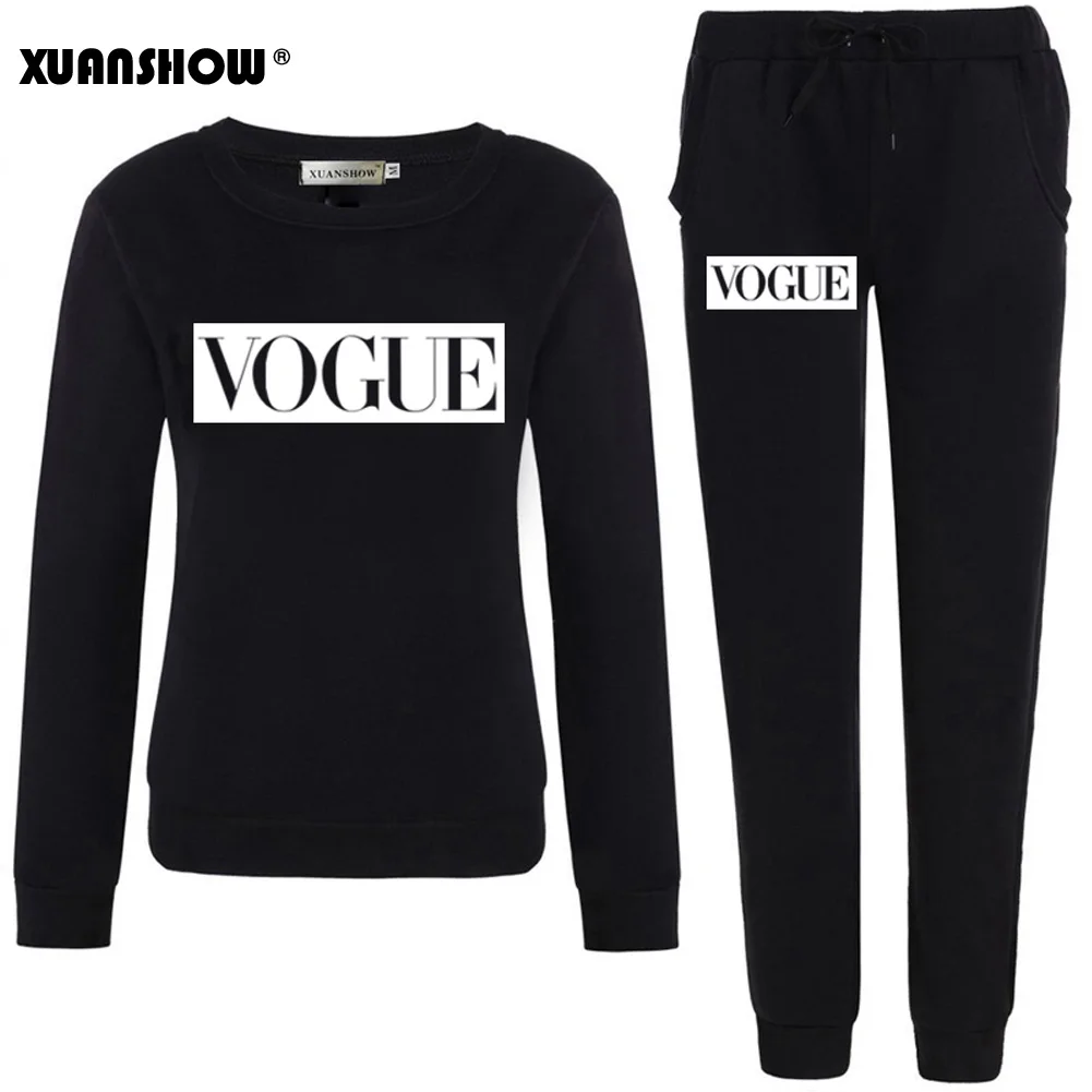 Black and White XUANSHOW/ г., осенне-зимний женский костюм модная Флисовая теплая одежда с буквенным принтом и 0 вырезом толстовка+ длинные штаны, комплект из 2 предметов - Цвет: Black and White