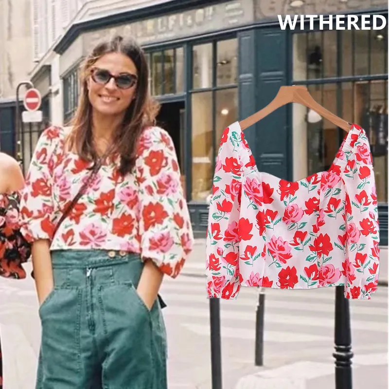 Увядшие blusas mujer de moda модный блогер винтажный Красный цветочный принт Короткое Кимоно блузка женские топы и блузки