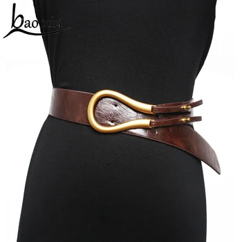 

Vintage Luxury PU Leather Gold metal pin Buckle long Belts for Women Retro Clothes Accessories U Shape wide Dress Belt Accessory