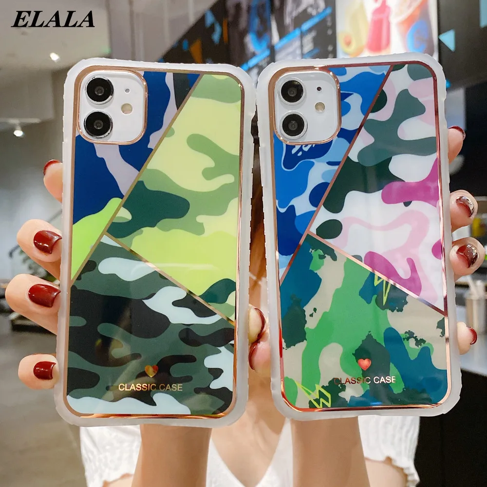 

Camouflage Phone Case for iPhone 11 Pro Max XS XR X 7 8 Plus SE 2020 Cases Plating Splice IMD Back Cover Glossy Colorful Coque
