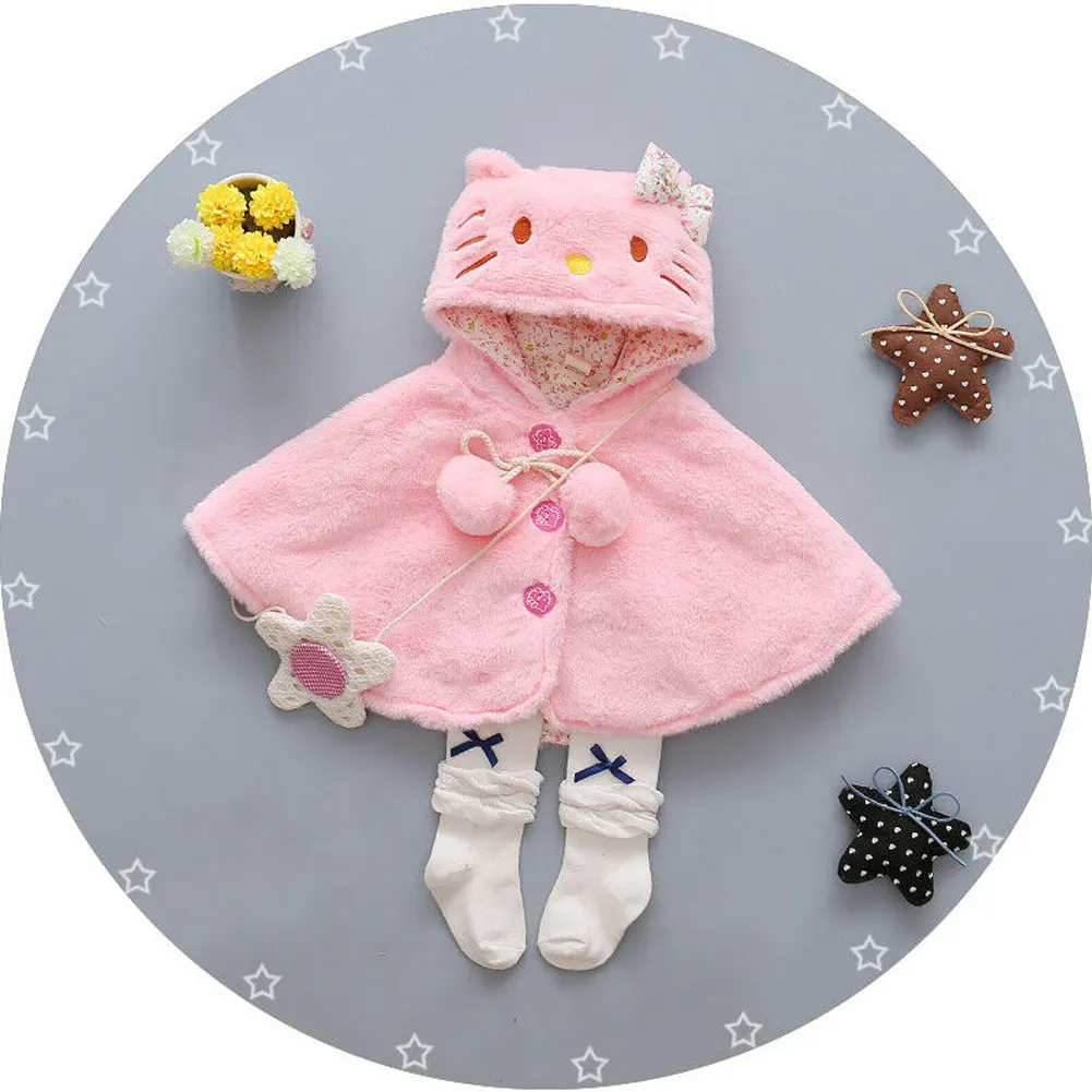 Плюшевый плащ-пончо с капюшоном и рисунком кота для маленьких девочек верхняя одежда, детское теплое пальто