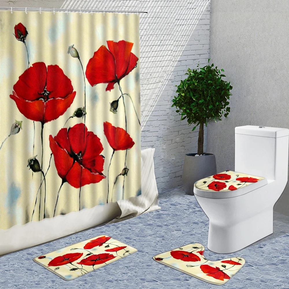 

Red Flowers Shower Curtain Painted Set Illustration Style Bathroom Decor Curtains Non-Slip Rug Toilet Lid Cover And Bath Mat