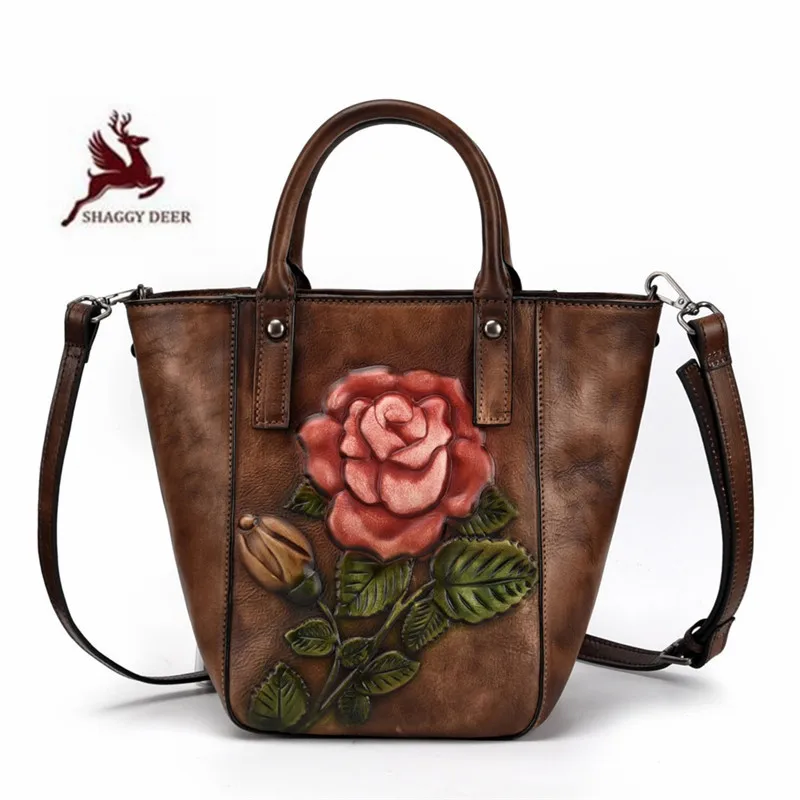 

Vintage Beautiful Rose Large Capacity Women Totes Handmade Embossing Cowhide Messenger Bags
