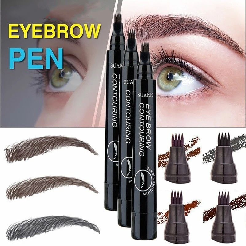 Hot 4 Colors 3D Microblading Eyebrow Tattoo Pen 4 Fork Tips Fine Sketch Liquid Eyebrow Pencil 2