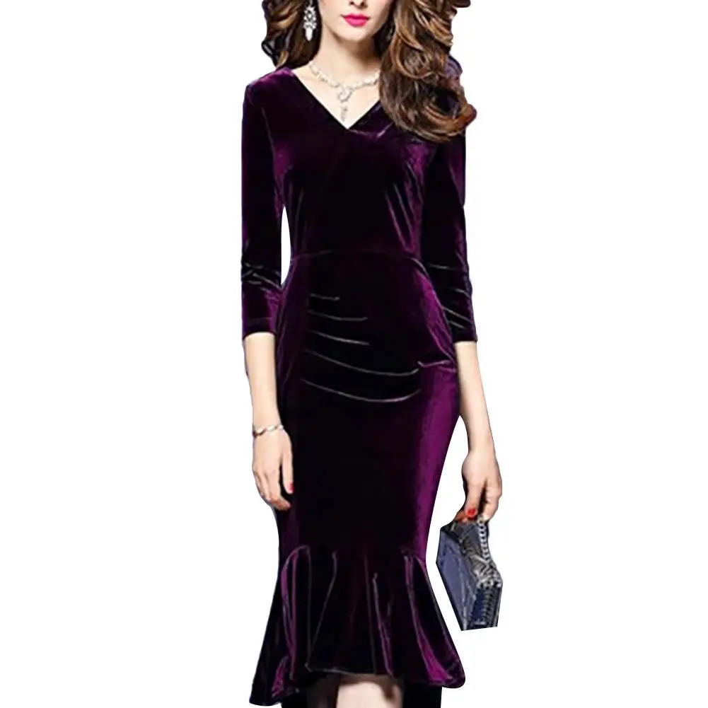 sexy fashion v collar long sleeves pleuche slim plain dress