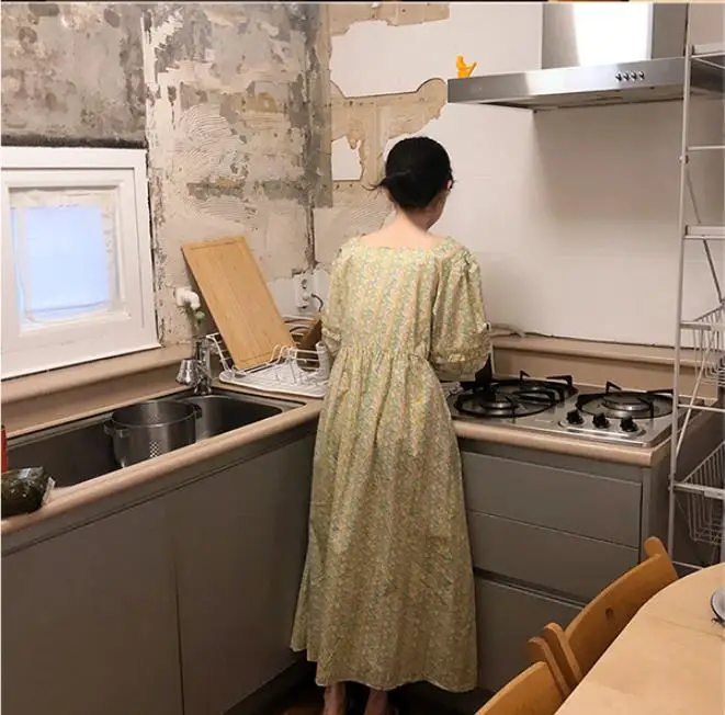 Ретро Стильный элегантный квадратный вырез свежие оборки Лето Новинка половина Фонарь рукава женское свободное повседневное длинное платье AE663