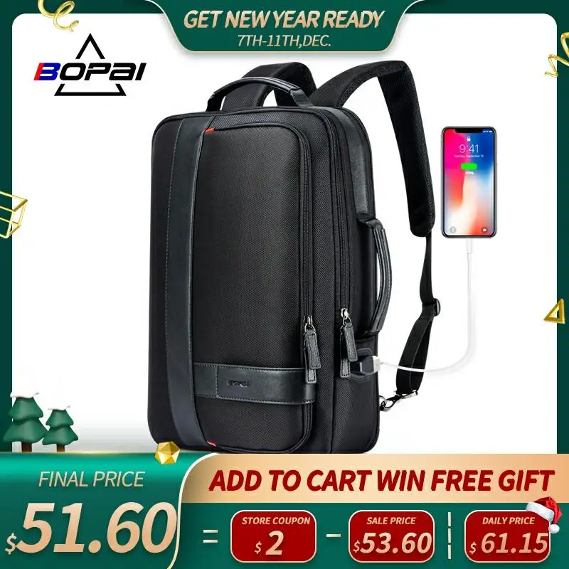 

BOPAI Business Men's Backpack Black USB Charging Anti Theft Laptop Backpack 15.6 Inch Male Large Capacity College School Bags