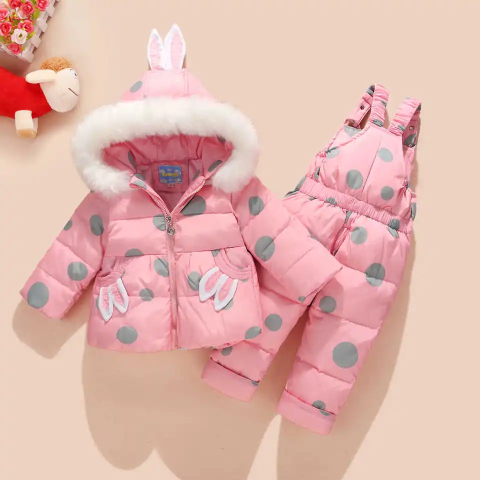 Pink Русский зимний костюм для детей, куртка на утином пуху и штаны для маленьких девочек Теплый комплект одежды из 2 предметов, теплая детская одежда зимняя одежда - Цвет: Pink