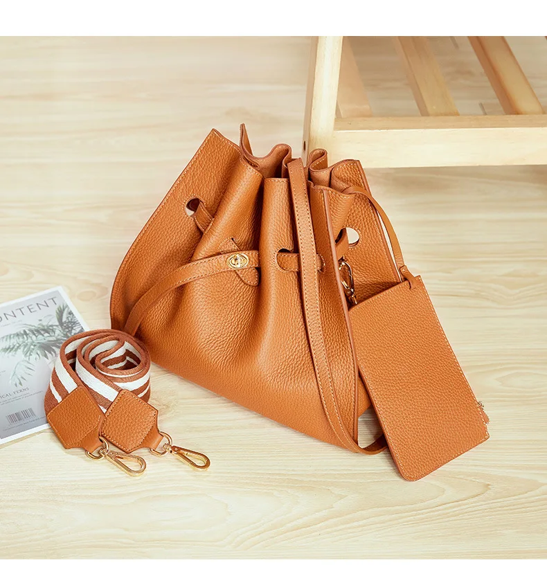 Brand Design Real Cow Leather Ladies HandBags and Purse Women Genuine Leather Composites Bags High Quality Wide Strap Bucket Bag