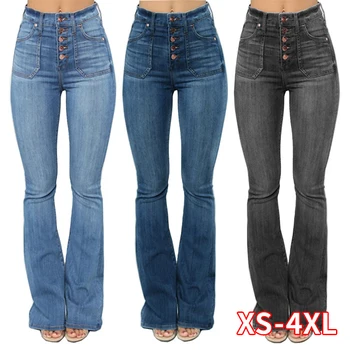 

Women Jeans High Waist Whot Sale Solid Color Flare Pants Washed Denim Long Pants Trousers Plus Size Women Jeans Female