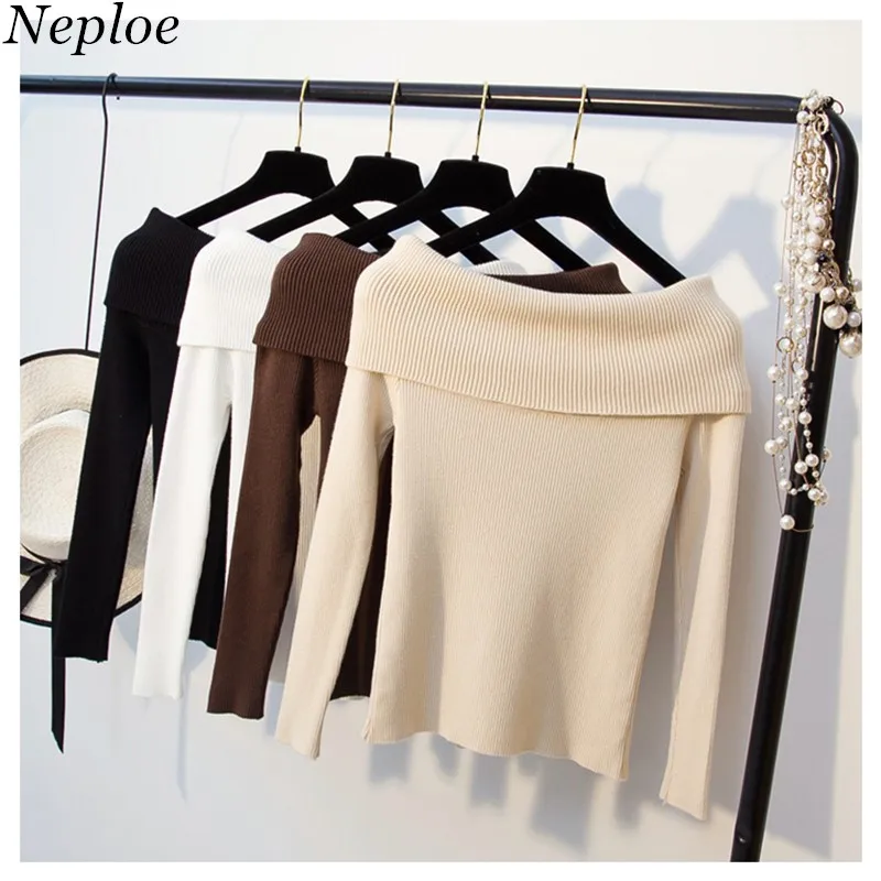 Neploe, новая мода, осенняя Женская трикотажная одежда с открытыми плечами, длинный рукав, пуловер с вырезом лодочкой, элегантный вязаный женский свитер 67893