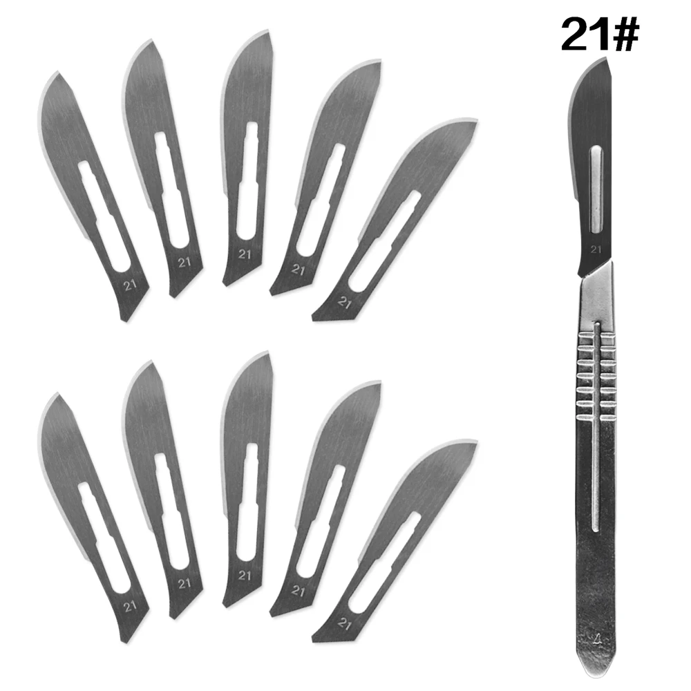 10 pc 20 # -- 23 # lame chirurgiche per bisturi in acciaio al carbonio + 1pc 4 # manico bisturi utensile da taglio fai da te riparazione PCB coltello chirurgico animale