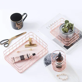 

Nordic Rectangle Metal Basket Rose Gold Iron Storage Basket Cosmetic Brushes Holder Organizer Home Office Desk Toiletry Baskets