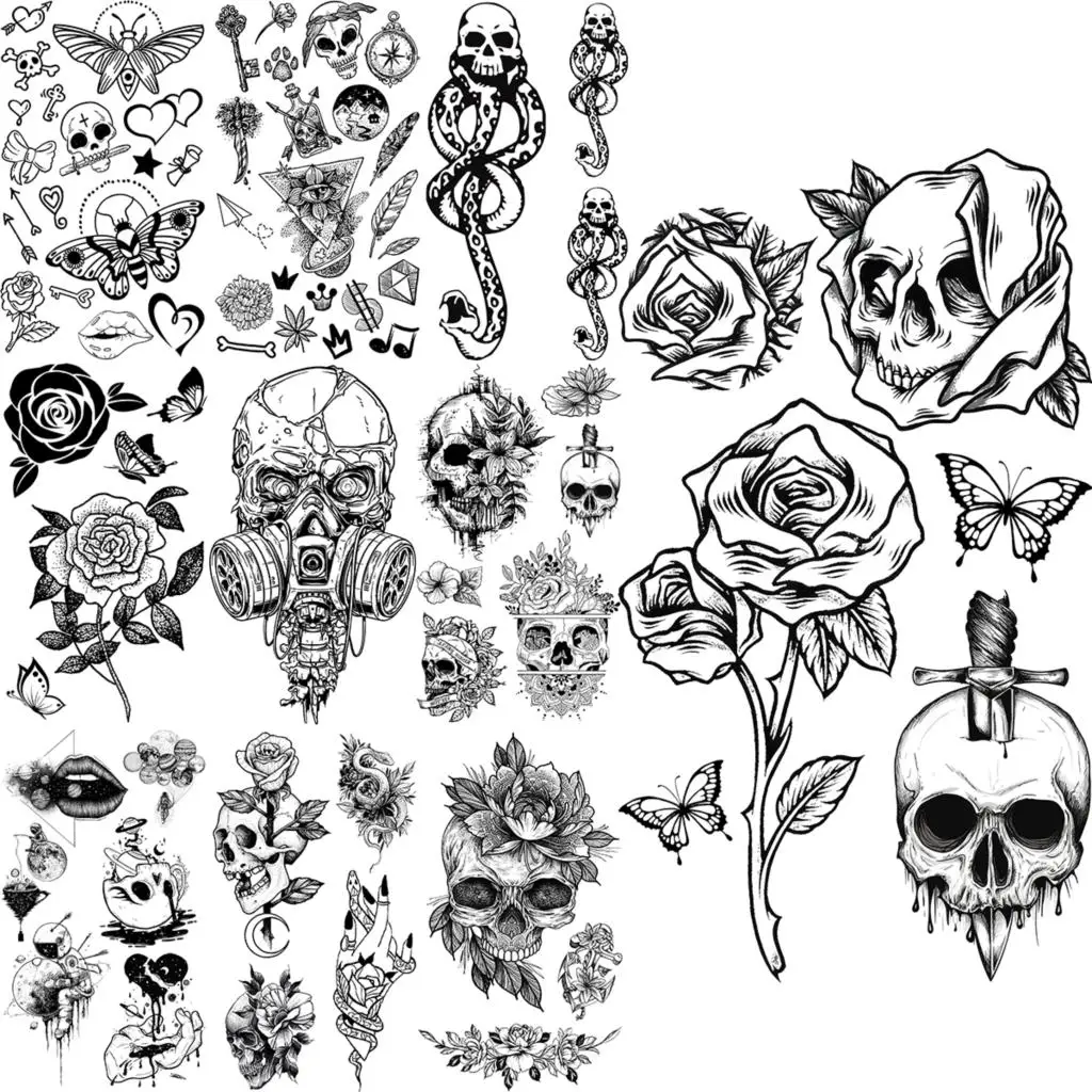 Pencil Sketch Skull Flower Temporary Tattoos For Women Men Realistic War  Snake Lips Flora Fake Tattoo Sticker Body Back Tatoos|Temporary Tattoos| -  AliExpress