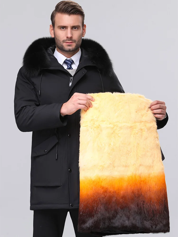 30 градусов теплые Для мужчин с гусиным пухом, пуховик утолщенный из кроличьей шерсти с отстегным подкладом, с высоким, плотно облегающим шею воротником ветрозащитная парка Повседневное пальто с перьями