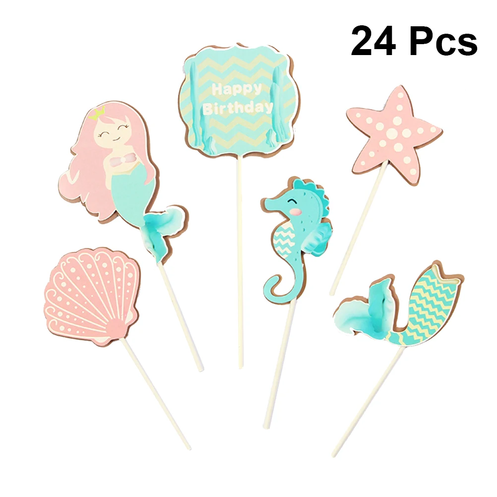24pcs Dreamy Ocean Cake Toper Mermaid Shell Shaped Cupcake Toppers Paper Fruit Cake Picks Wedding Kids Birthday Party Supplies