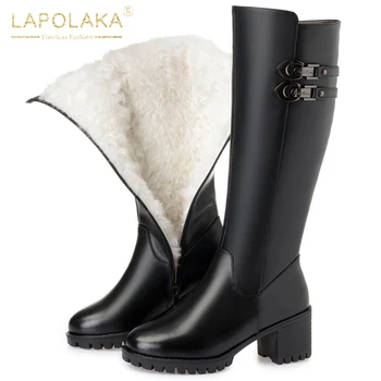 

Lapolaka 2020 Square Heels Zipper Knee-high Boots Woman Shoes Genuine Cow Leather New Comfy Warm Plush Design Big Size 43 Winter
