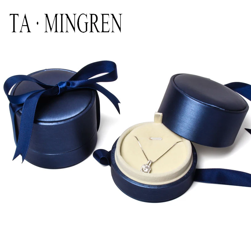 

TA MINGREN Classic Velvet Circle Ribbon Gift PU Leather Round Packaging Gift Box For Jewelry Round Leather Box