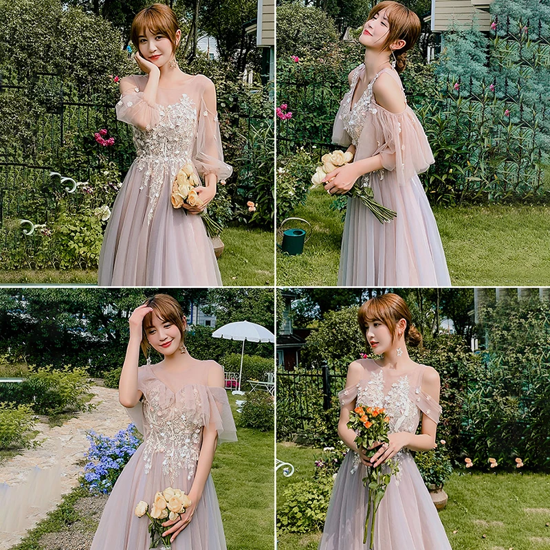 Bridesmaids Dresses O-Neck A-Line Tulle Off The Shoulder Embroidery Appliques Simple Ankle-Length Lady  Wedding Party Dress E023