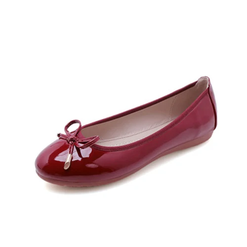 Повседневная обувь на плоской подошве; женская обувь с острым носком и бантом-бабочкой; балетки на плоской подошве; кожаные женские лоферы; большие размеры; HVT640 - Цвет: patent wine red