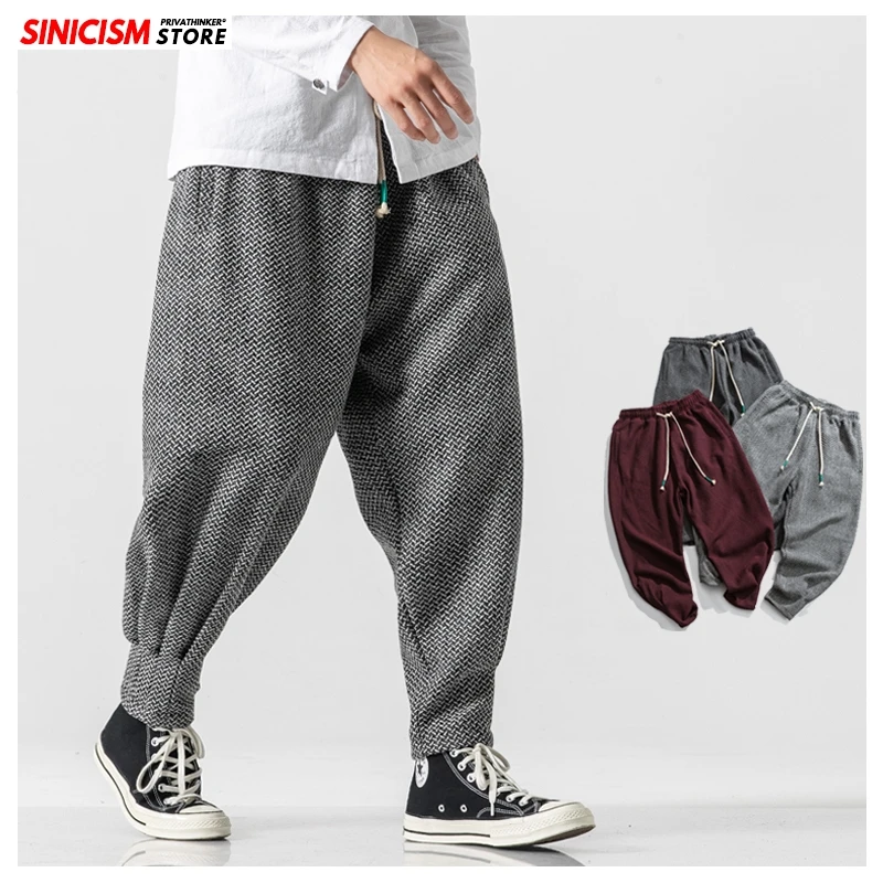 Sinicism Store мужские зимние утепленные шерстяные штаны-шаровары, мужские теплые широкие брюки в китайском стиле, мужские, японские повседневные клетчатые брюки