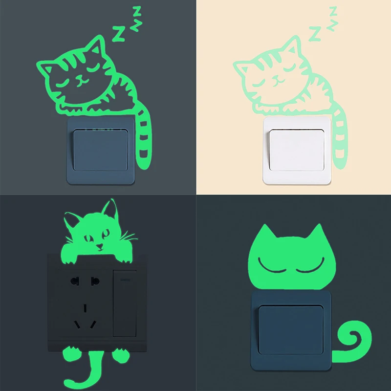 2018 Fashion 1PC Cartoon Glow In The Dark Cat Sticker Luminous Switch Sticker Fluorescent Fairy Sticker Kid Room Decoration Home