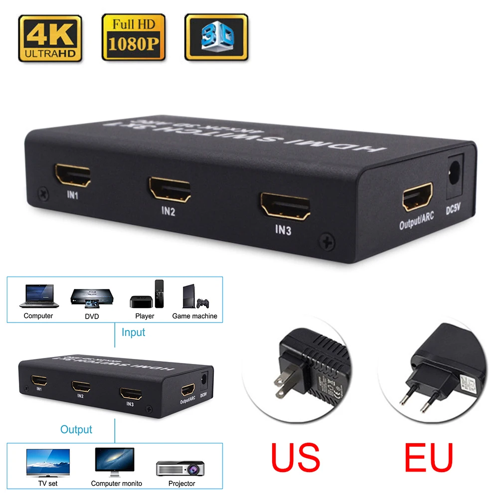 HDMI коммутатор 2,0 4K HDMI 3x1 адаптер коммутатор Аудио экстрактор ARC 3 порта HDMI переключатель дистанционного 4K для компьютера ТВ XBox