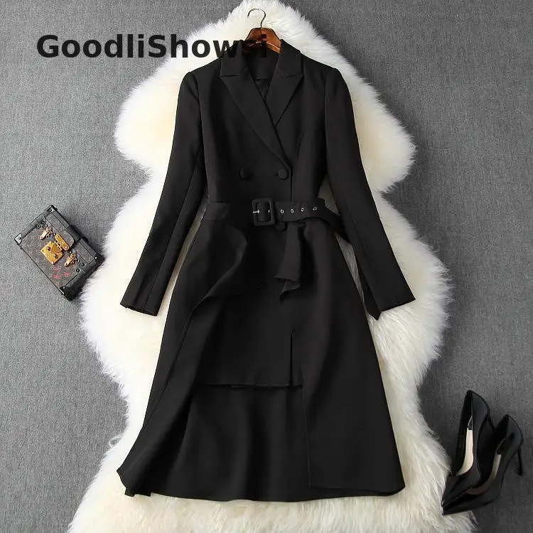 GoodliShowsi женские комплекты в деловом стиле, костюмы с юбкой, длинный костюм с поясом, Топы+ юбка с оборками, стильные деловые костюмы, комплекты из 2 предметов - Цвет: Черный