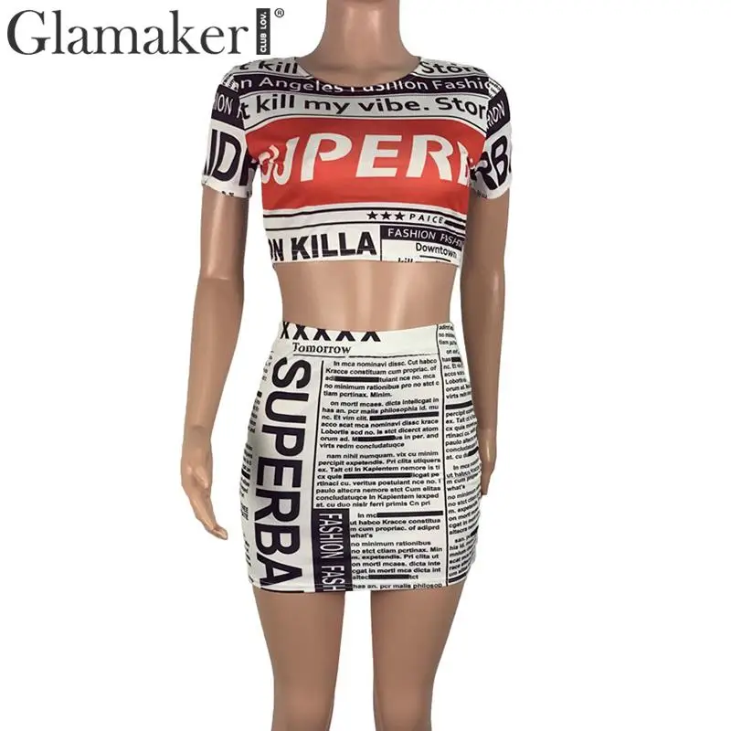 Glamaker комплект из двух предметов, новое платье с буквенным принтом, женское модное облегающее платье с коротким рукавом, Сексуальные вечерние клубные платья, трикотажное платье размера плюс