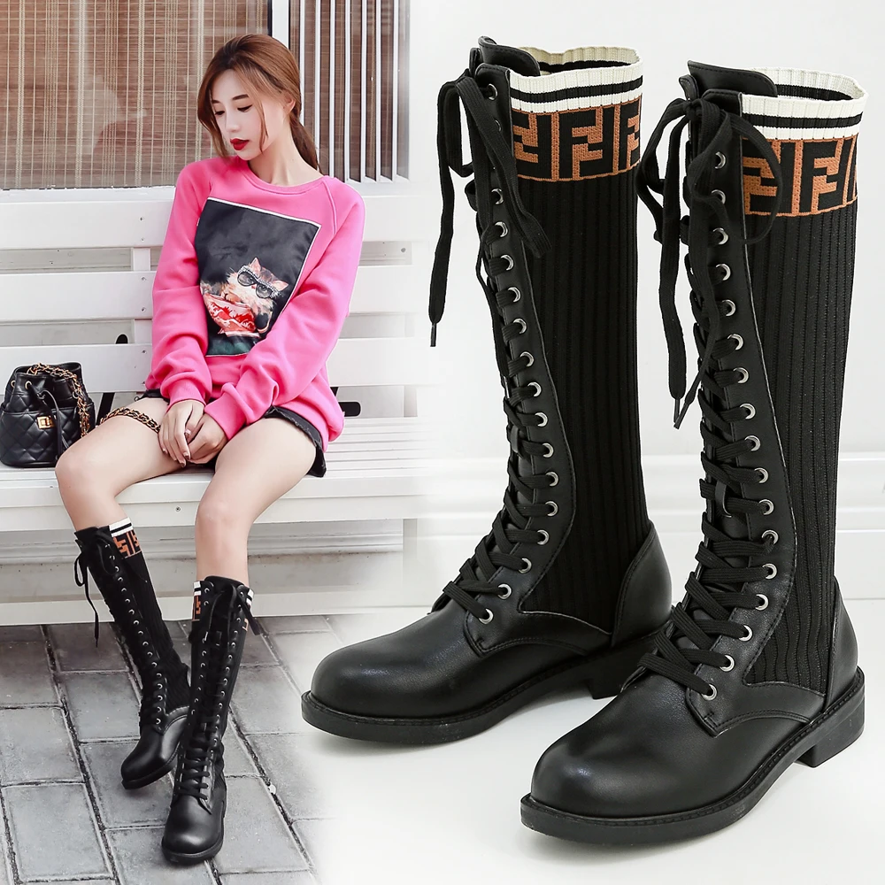 

2019 New Fashion Casual Female Martin Boots Knit Comfortable Breathable Lace Women's Boots Thick with Tube Women's Shoes 35-40