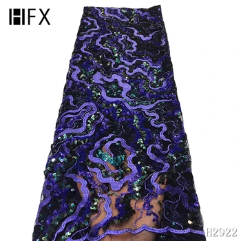 

HFX (5yards/pc) High quality African French net lace fabric sequins tulle lace with beads and embroidery for party dress H2922