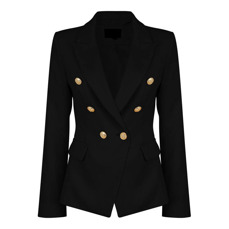 Мода дизайнерский Блейзер Куртка женская двубортный металлический блейзер с пуговицами Верхняя одежда Размер s-xl пальто - Цвет: Черный