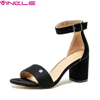 

VINLLE 2020 Square High Heel Ladies Shoes Open-toed Rivet Hollow Summer Sandals Flock Buckle Fashion Women Pumps Big Size34-43