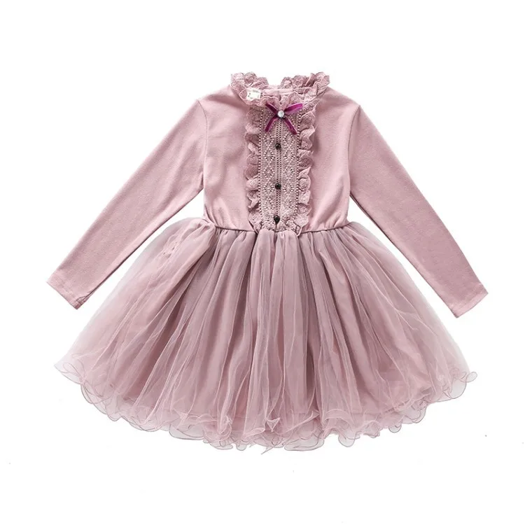 New Girls Dresses 2pcs Sets Kids Autumn Clothes Pearl Denim Vest Long Sleeve Lace Princess Dress Bow Pink Children Outfits Size