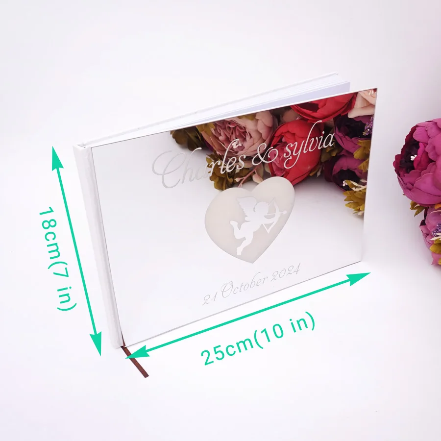25*18cm Romantic Cupid Heart Style Wedding Signature Guest Book Acrylic Mirror Cover Personalized Blank Pages Party Gift