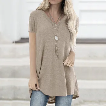 Women Solid T-Shirt Summer Plus Size Long Tee Shirt Top Women V Neck Short Sleeve Long Casual Women Loose T-Shirt Femme