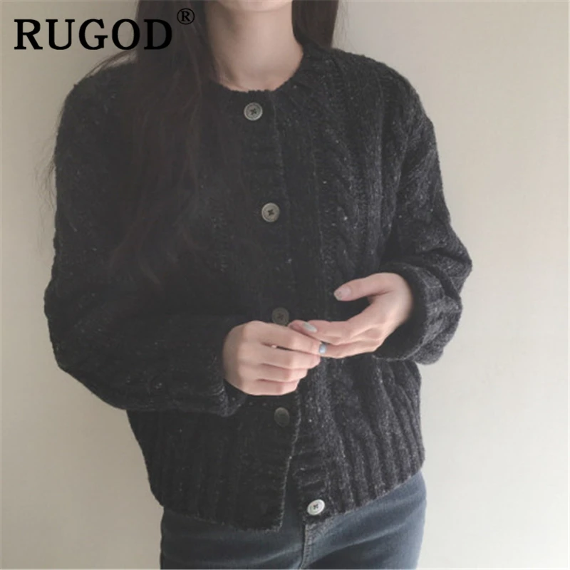 RUGOD, элегантный вязаный женский кардиган, корейский стиль, круглый воротник, витая женская вязаная одежда, винтажная однотонная Повседневная Студенческая верхняя одежда