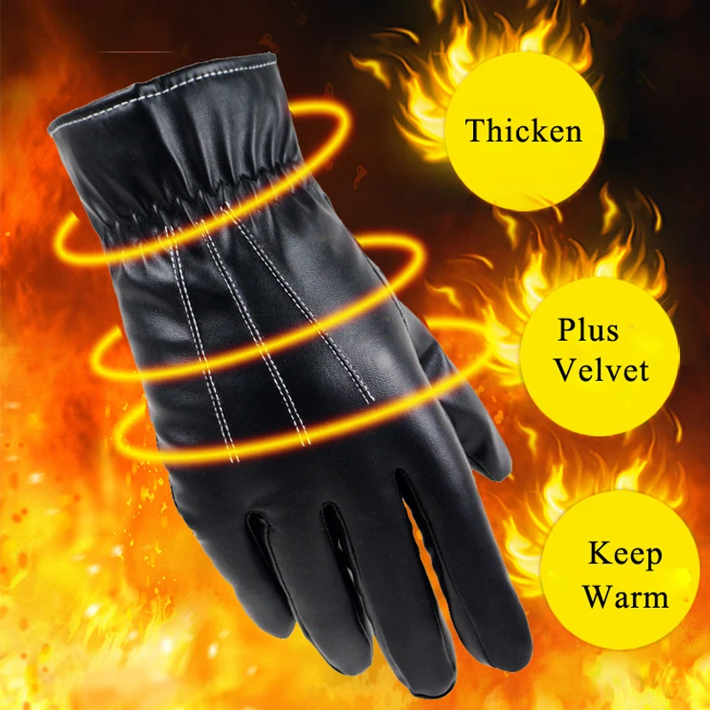 Men Fashion Winter PU Leather Motorcycle Full Finger Touch Screen Warm Gloves Black Thicken Mittens Motorcycle Driving Guantes