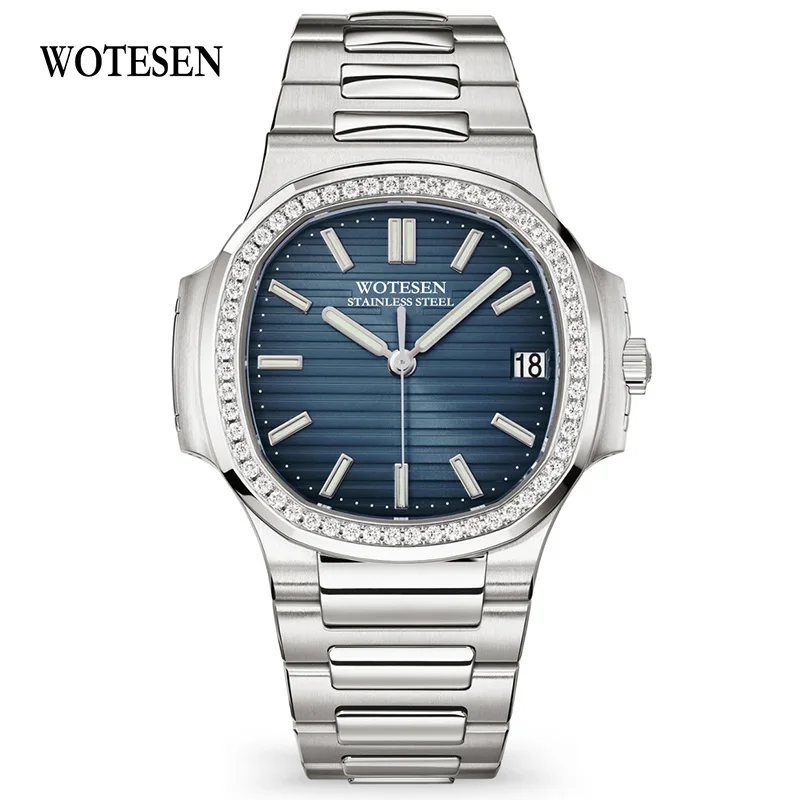 Silver Blue WOTESEN Топ Роскошные мужские часы с бриллиантами кварцевые Брендовые Часы мужские кварцевые Стальные армейские военные часы мужские деловые наручные часы - Цвет: Silver Blue