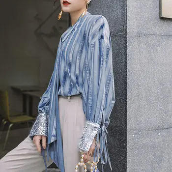 

XUXI 2019 Irregular Arch Elegant Style Autumn Street Lantejoulas Striped Korean Women's Fashion Of New V Neck Mangas FZ0198