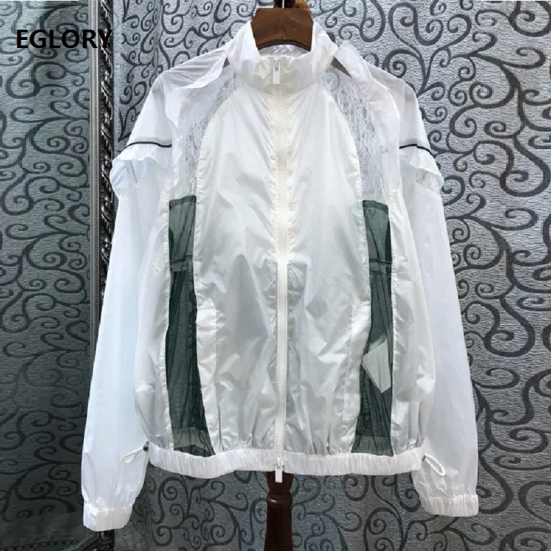 

High Quality Jacket 2019 Autumn Casual Bomber Jacket Women Lace Patchwork Long Sleeve White Black Loose Coat Jacket Plus Size