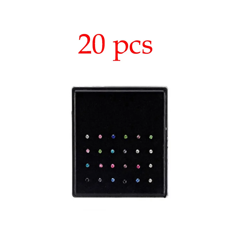 20pcs Multicolor Стразы в носу из нержавеющей стали, хирургические пирсинг в носу, гвоздики, сверхтонкие ушные кости, иглы, серьги, ювелирные изделия для тела - Окраска металла: 20pcs Multicolor