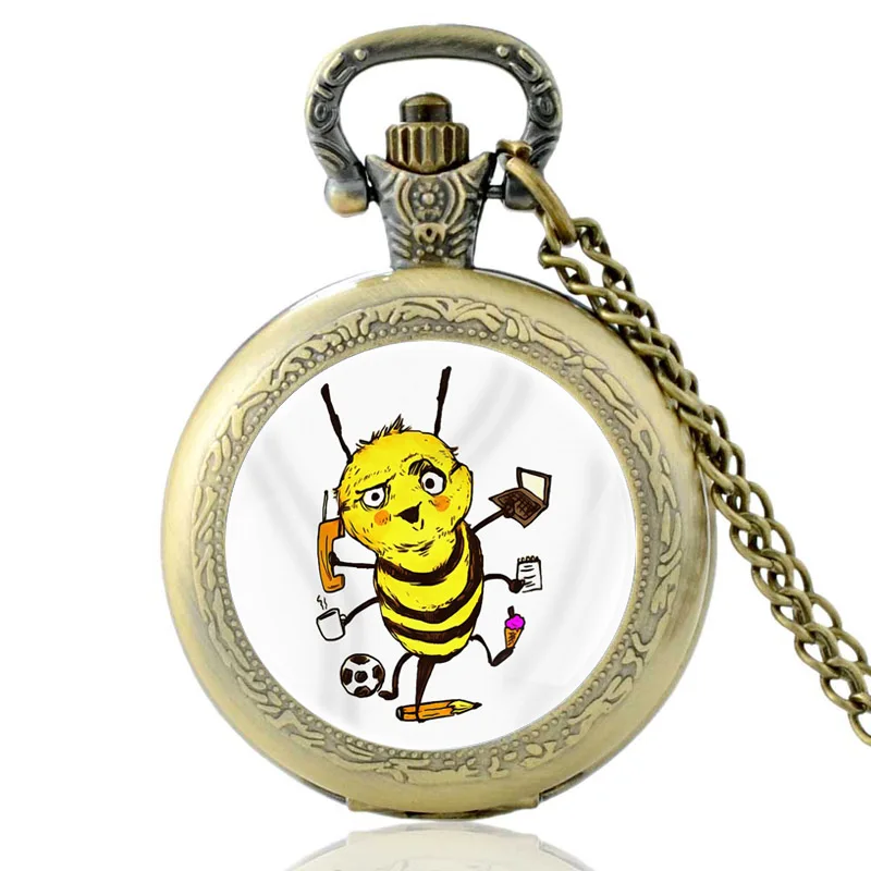 

Vintage Bronze Color Bee Glass Dome Quartz Pocket Watch Charm Men Women Chain Necklace Pendant Jewelry Gift