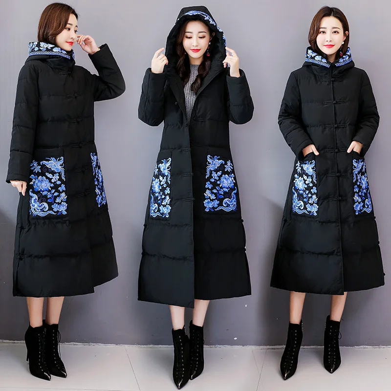 

Chinese-style Retro Frog Embroidery Cotton Coat Winter 2019 Large Size Dress-Style over-the-Knee Long Hooded Cotton Overcoat