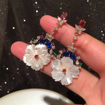 

Bilincolor white shell flower insert color zircon drop earrings , earrings for women party or gift
