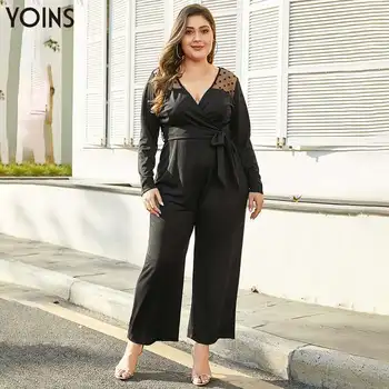 

YOINS Elegant Hollow Mesh Belt V-neck Long Sleeve Jumpsuit 2020 Women Rompers Playsuits Female Overalls Body Tops Plus Size